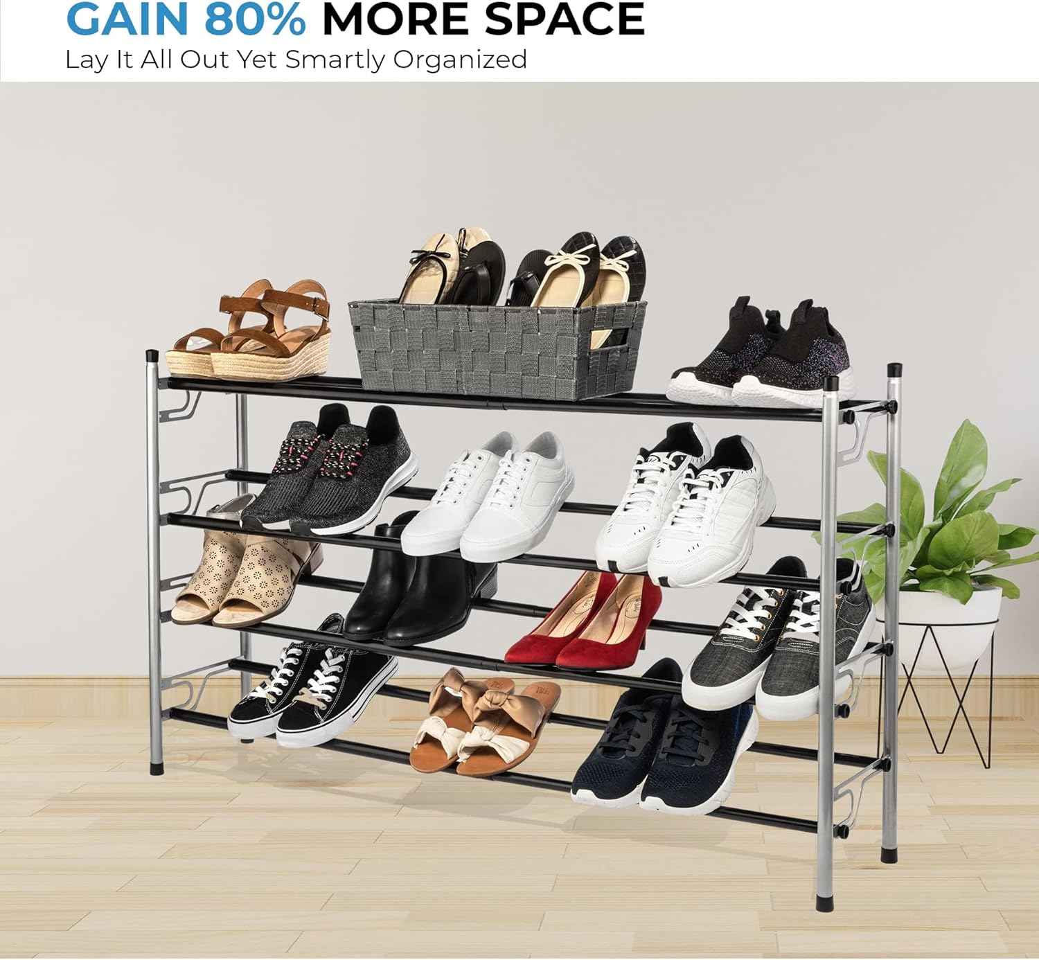 USTECH Online 4-Tier Adjustable Freestanding Shoe Rack, Flat or
