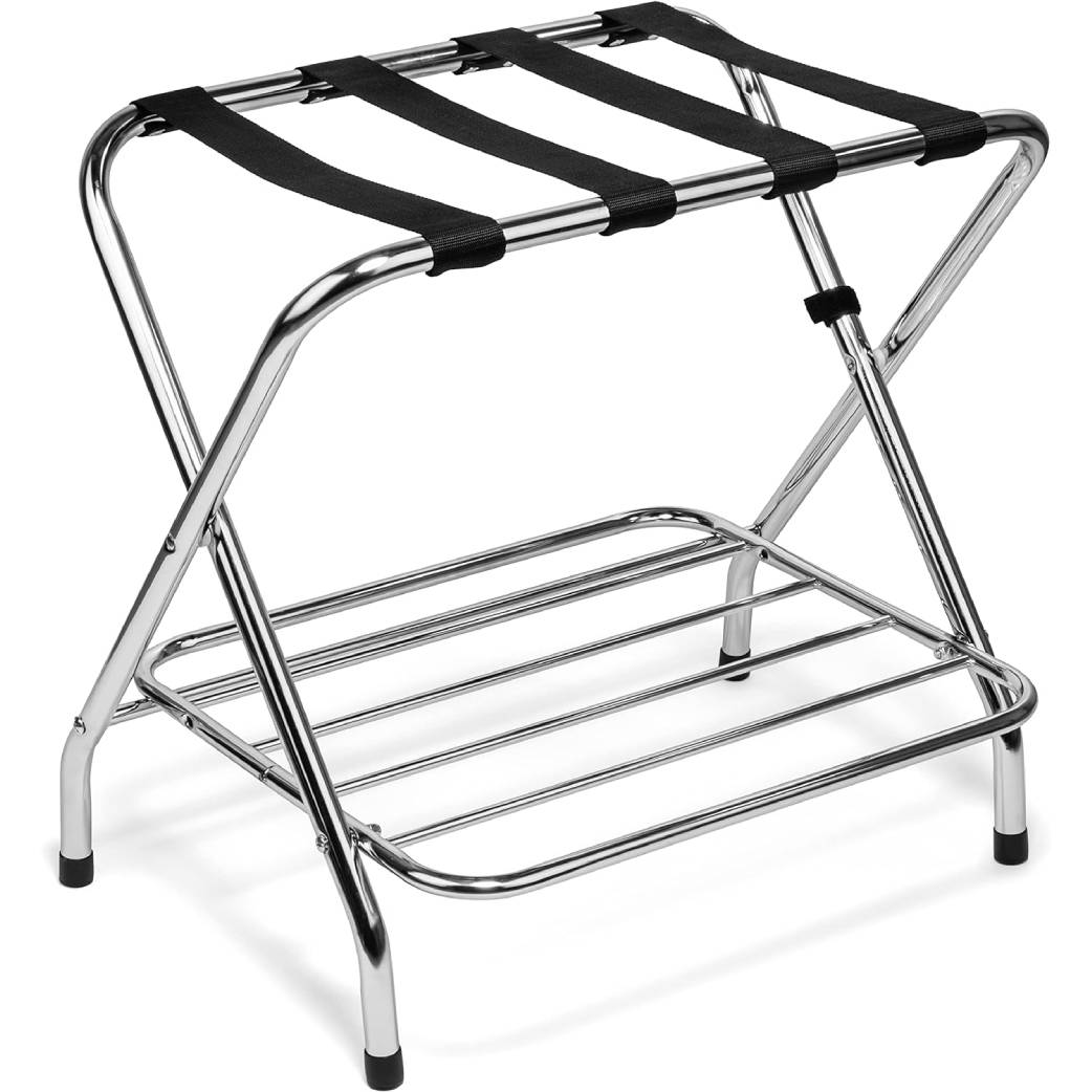 2-Tier Folding Luggage Rack with Nylon Straps, Rubber Feet, Chrome Finish