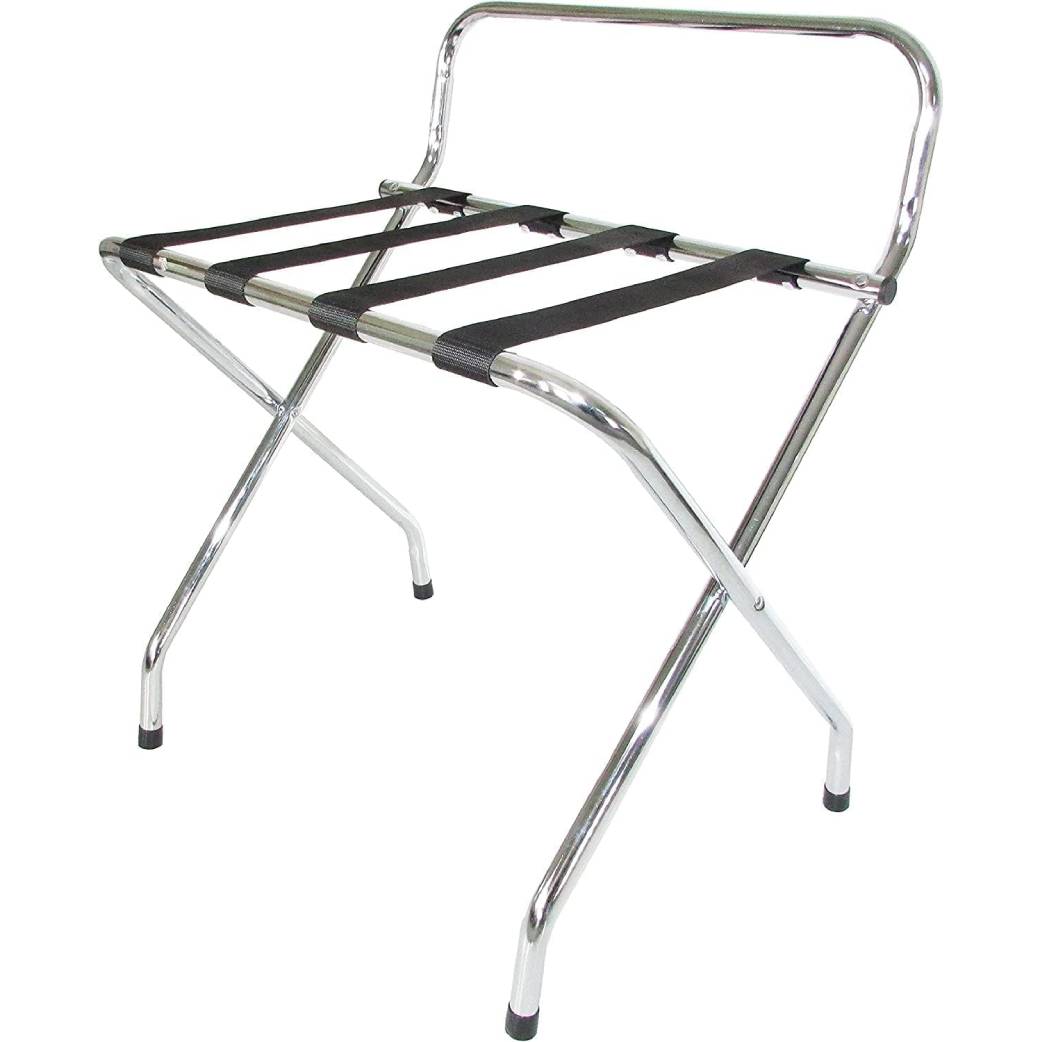 Foldable X-Shape Luggage Rack with Two Shelves, Nylon Straps, Chrome Finish