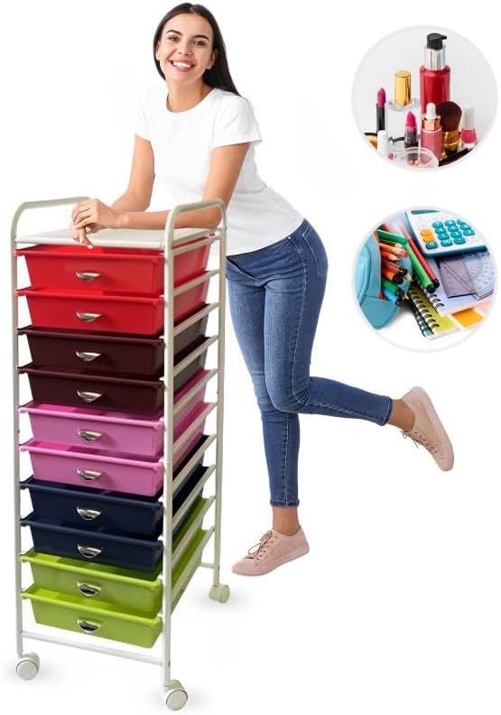 10-Drawer Multipurpose Mobile Rolling Storage Organizer with Tray Cart