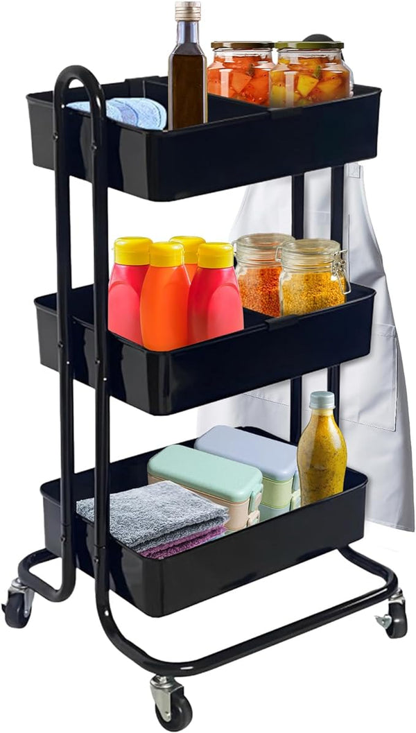 3-Tier Rolling Cart Metal Rack Storage Organizer Shelf