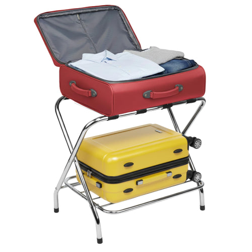 2-Tier X-Shaped Folding Luggage Rack with Nylon Straps, Chrome Finish