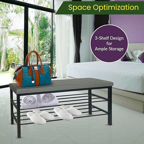 Entryway Shoe Storage Bench with 3 Tier Standing Shelf and Comfortable Shoe Seat