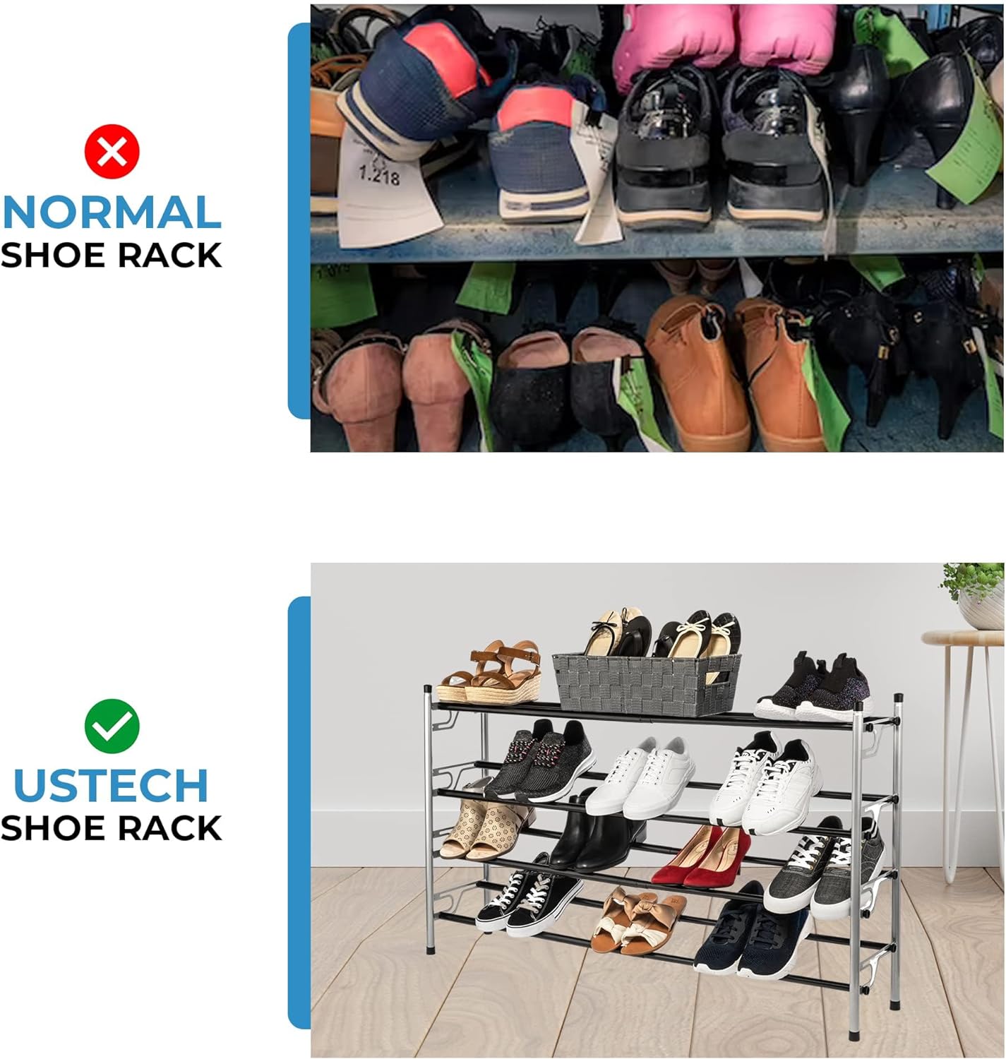 USTECH Online 4-Tier Adjustable Freestanding Shoe Rack, Flat or
