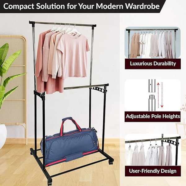 Clothes Organizer Clothing Rack- Deluxe Double Pole & Adjustable