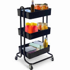 3-Tier Rolling Storage Cart with Baskets, Dividers & Locking Casters, Black Metal