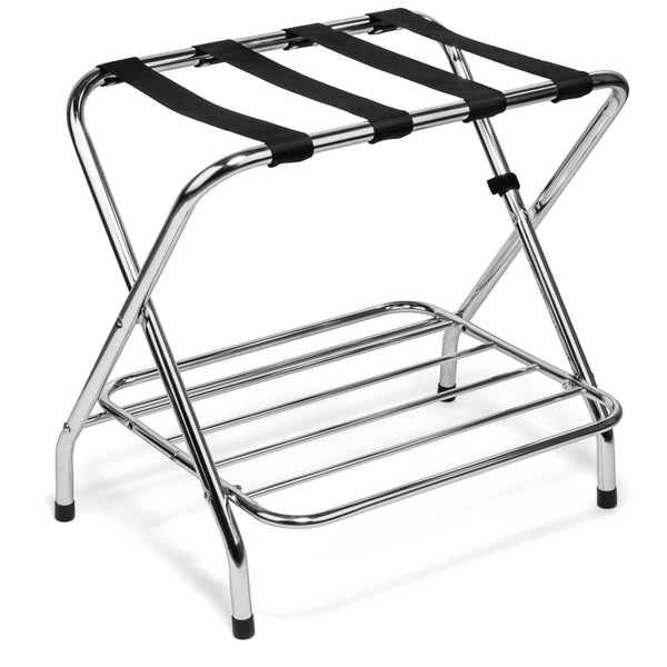 2-Tier X-Shaped Steel Luggage Rack with Nylon Straps & Rubber Feet.