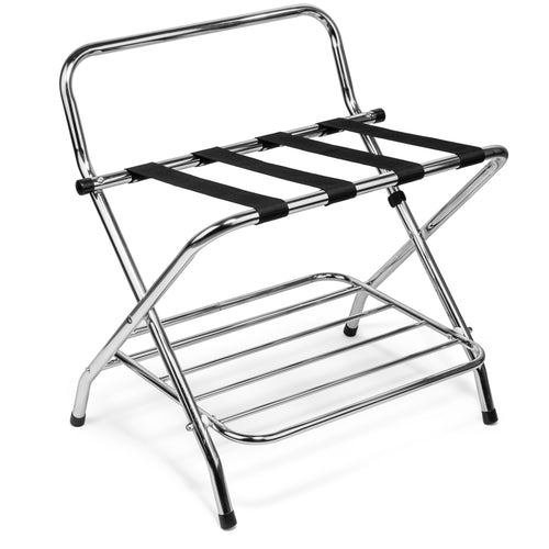 2-Tier Folding Luggage Rack with High Back, Rubber Feet, Black Alloy Steel