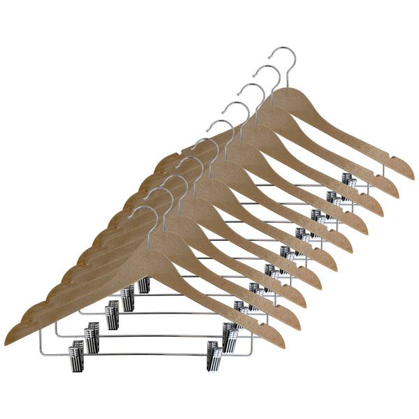 Wood-Look Standard Shaped Hangers Biodegradable Plastic w/ Chrome Pant Bar, Non-Slip Clip, & Swivel Hook
